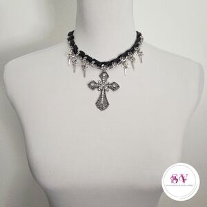 Silver Cross Pendant Choker Necklace
